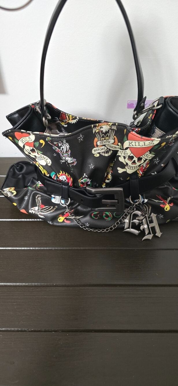 Ed Hardy Black Tattoo Print Belt Buckle Shoulder Bag Tote Charm EH Chain NWT